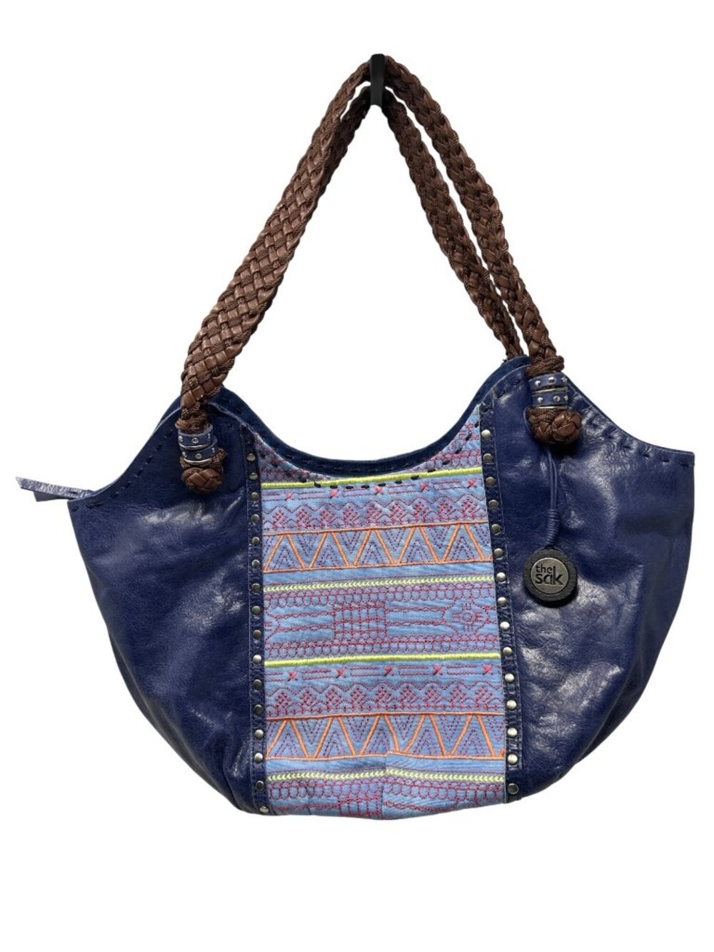 The Sak Blue Leather & Woven Pattern Shoulder Bag With Braided Strap